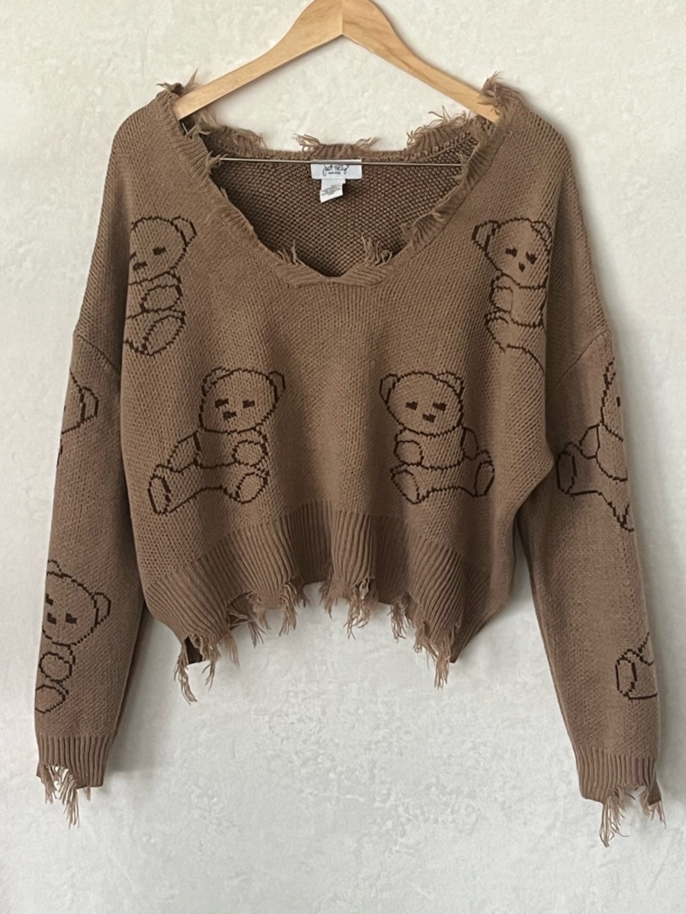 Distressed Cropped Teddy Knit Sweater - Brown